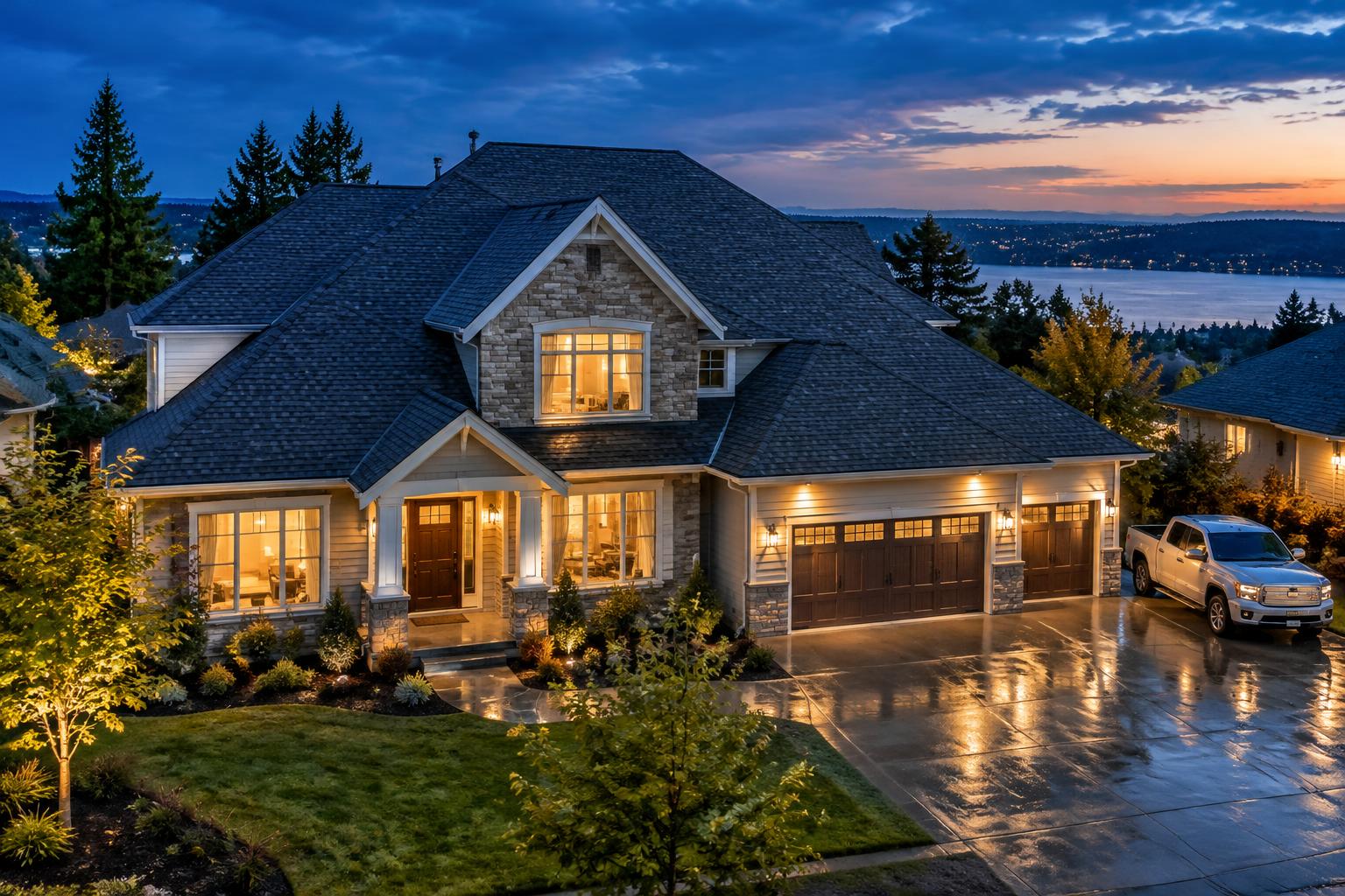 A home's roof and warm windows after a rainstorm at dusk